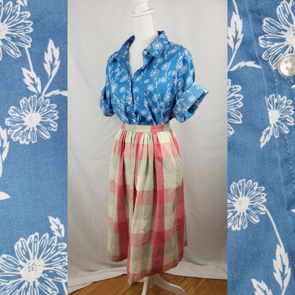 80s/90s Jess and Liz Coral Cream White Plaid Midi Skirt | Size 6 | HAS POCKETS!
